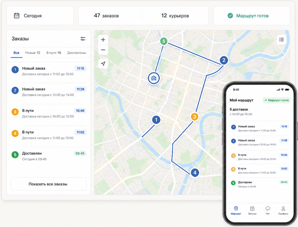Интерфейс AxyGo: заказы, карта маршрута и приложение курьера